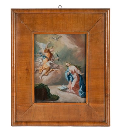Scuola veneta del XVIII secolo, Annunciazione. Pittura a olio su vetro. cm...
