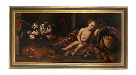 Anonimo del XVIII secolo, Vanitas con putto adagiato su tappeto, globo...