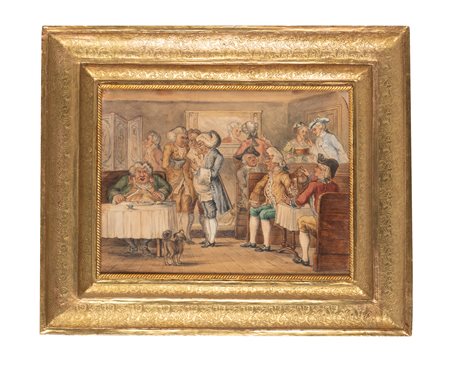 Anonimo del XIX secolo, Scena d'interni con figure settecentesche. Tecnica...