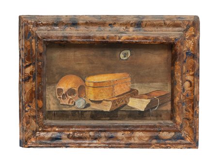 Anonimo del XIX secolo, Memento mori. Tecnica mista su cartone. cm 23x34....