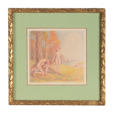 Anonimo della prima metà del XX secolo, Adamo ed Eva. 1933. Pastelli colorati...