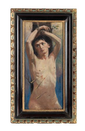 Giuseppe Giglioli, San Sebastiano. Olio su cartone. cm 38x17,5. Firma e data...