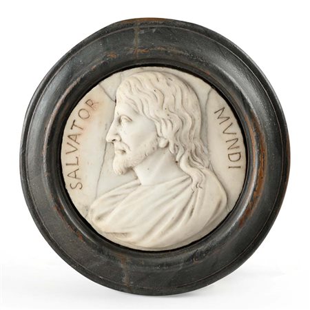 Medaglione circolare in marmo bianco raffigurante "Salvator Mundi" XVIII...