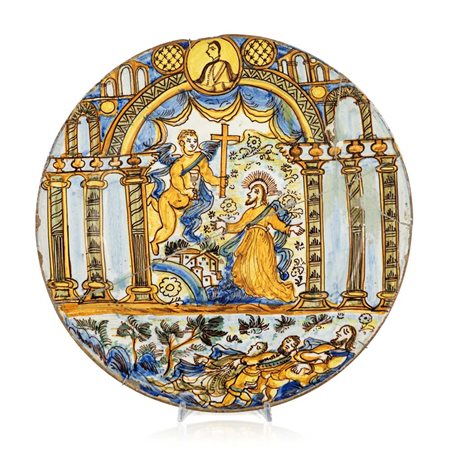 Piatto in maiolica policroma, Deruta, XVIII secolo diametro cm 38 al centro,...