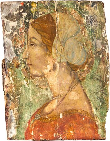 Artista toscano XVI secolo Profilo di dama in abiti rinascimentali tempera su...