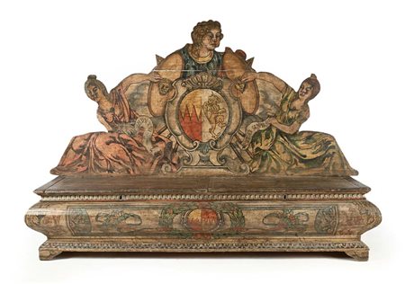 Grande panca da ingresso in legno dipinto, XVIII/XIX secolo cm 162x225x52...