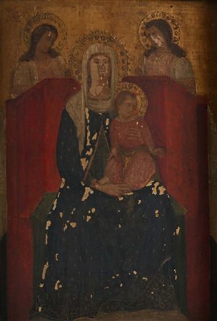 Scuola umbra del XV secolo Madonna col Bambino in trono e due Santi tempera...
