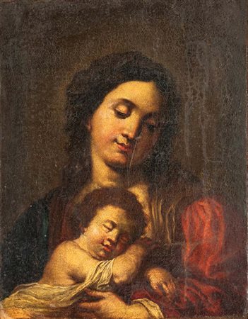 Scuola Genovese del XVII secolo Madonna col Bambino olio su tela cm 28x21 -...