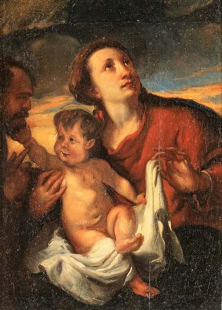 Pittore romano del XVII secolo Madonna col Bambino e San Giuseppe olio su...