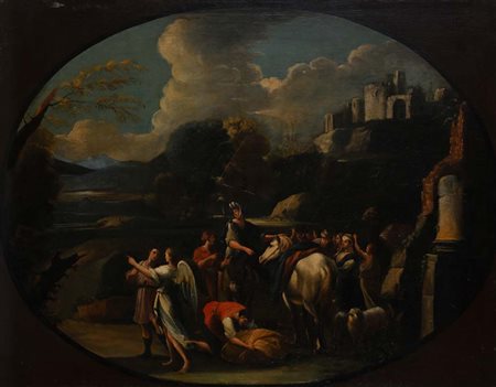 Pittore del XVIII secolo Viaggio di Tobia e l’Arcangelo Raffaele olio su tela...