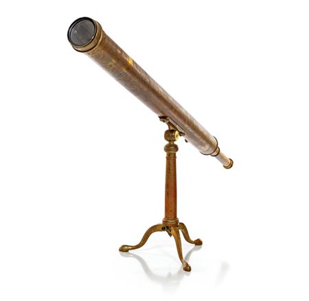 Telescopio a rifrazione in ottone con treppiede da tavolo e cassa in noce cm...