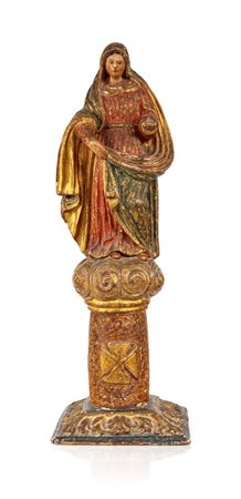 Scultura in legno policromo e dorato raffigurante la Vergine Maria, XVII...