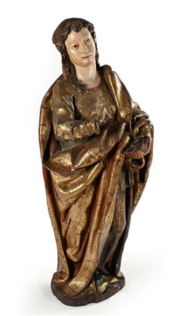 Scultura in legno laccato e dorato raffigurante Santa con libro, XVII secolo...