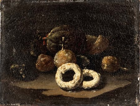 Pittore Napoletano del XVIII secolo Natura morta con frutta e ciambelline...