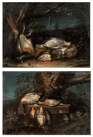 Pittore Toscano del XVIII secolo Coppia di nature morte con cacciagione olio...