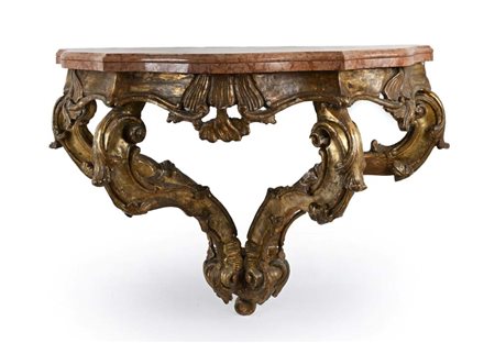 Console a goccia in legno dorato, XVIII secolo cm 81,5x110x48 piano sagomato in...