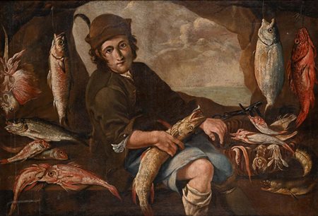 Pittore Lombardo del XVII secolo Il pescivendolo olio su tela cm 91 x 133