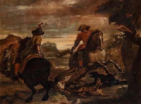 Pittore del XVII secolo Scena di caccia al cinghiale olio su tela cm 85 x 115