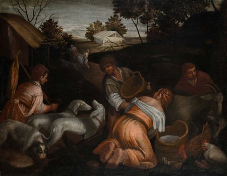 Pittore bassanesco del XVII secolo La mungitura delle capre Olio su tela cm...