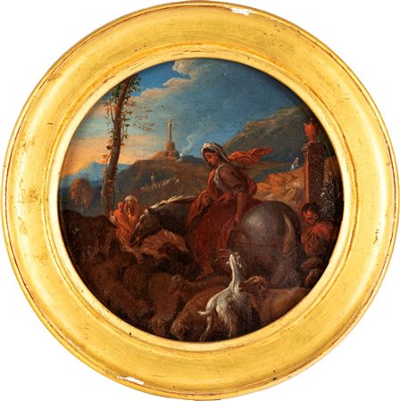 Pittore romano del XVIII secolo Flora in viaggio tra Pastori olio su tavola...