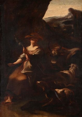 Anonimo del XVII secolo Contadina che fila, con armenti Olio su tela cm 103,5...