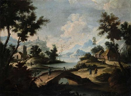 Pittore veneto del XVIII secolo Paesaggio olio su tela cm 74x98