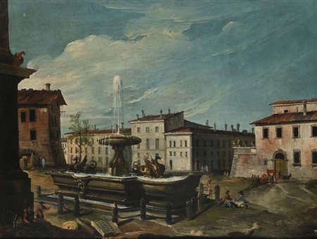 Scuola Romana del XVIII secolo Fontana nella piazza della Basilica di Santa...