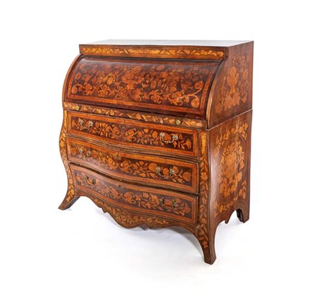 Scrittoio a rullo in legno intarsiato, Olanda, inizio XIX secolo cm 118x130x62