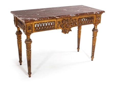 Console Luigi XVI in legno dorato con piano rettangolare in marmo rosso, fine...