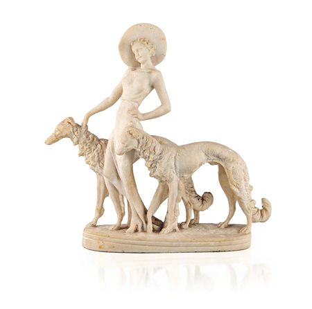 Gruppo in alabastro raffigurante "Sultana", una giovane donna con cappello e...