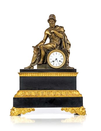 Grande pendola da camino Napoleone III in bronzo brunito e dorato cm 62x45x18...