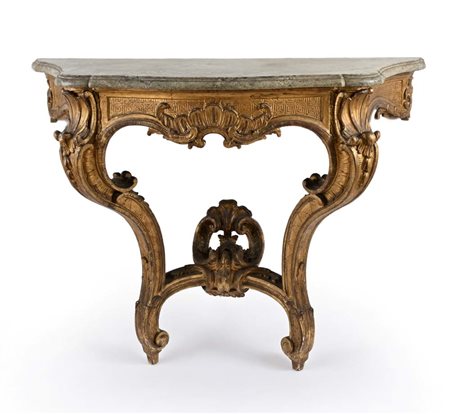 Console d'applique in legno dorato, XVIII secolo cm 82x115x47 piano sagomato in...