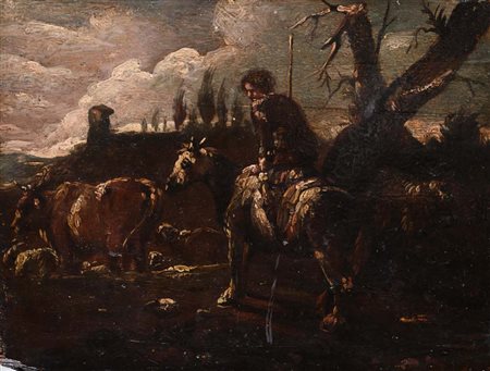 Anonimo del XVIII secolo Cavaliere errante olio su tavola cm 15x19,7 (s.c.)