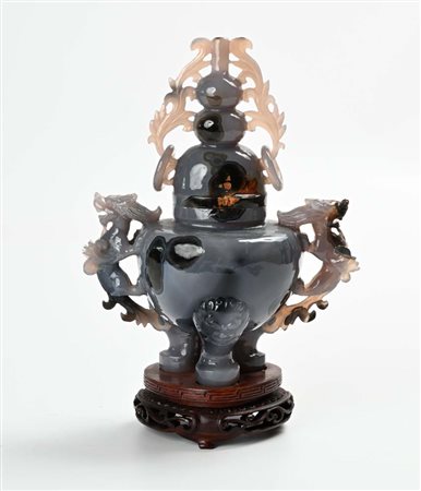 Incensiere tripode in agata/calcedonio blu con coperchio e base in legno cm...