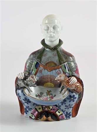 Spice bowl in porcellana policroma e legno, XIX secolo cm 20x12x14 a forma di...