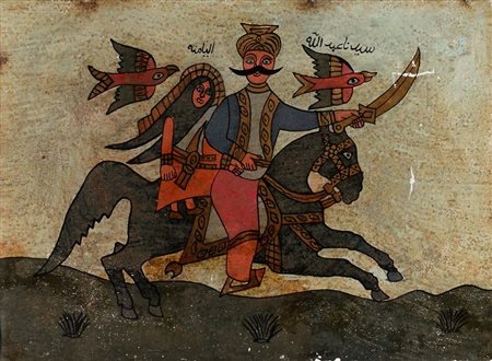 Sid Abdallah e la figlia del re di Tunisi olio e inchiostro su vetro cm 28x38...