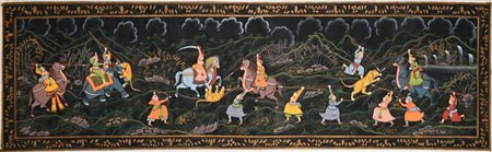 Scroll raffigurante "Caccia alla tigre", India, XX secolo tempera su seta cm...
