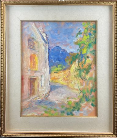 Mario Micheletti "Paesaggio con casa" olio su cartone telato (cm 48x38) firmato