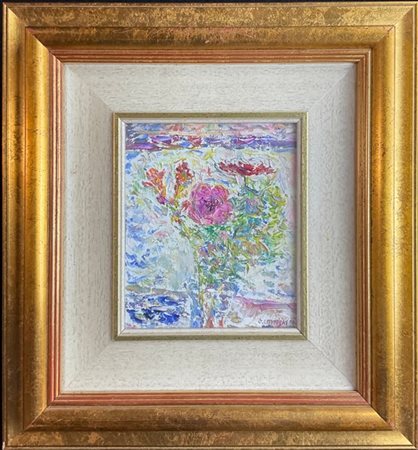 Firma indecifrata "Vaso con fiori" 1988
olio su cartone telato
cm 17x14
firmato