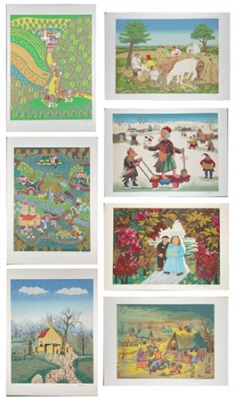 Lotto composto da sette serigrafie di soggetti Naif di autori differenti
cm 70x