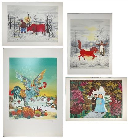 Lotto composto da quattro litografie a colori di pittori Naif, di soggetti e mi