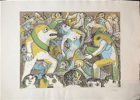 Enrico Baj "L'Orgie des généraux" 1972
acquaforte e acquatinta a colori - prova