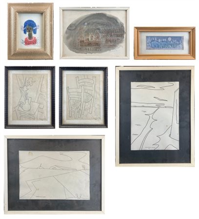 Lotto composto da sette tecniche miste di soggetti, autori e misure diverse
mis