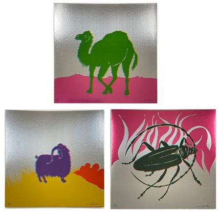 Gino Marotta "Muflone - Dromedario - Scarabeo" 1974
tre serigrafie su cartoncino