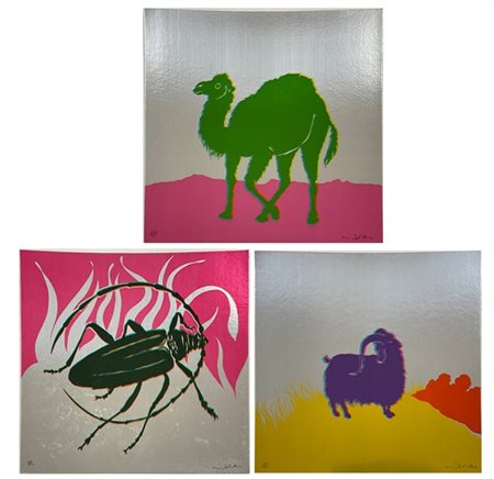 Gino Marotta "Muflone - Dromedario - Scarabeo" 1974
tre serigrafie su cartoncino
