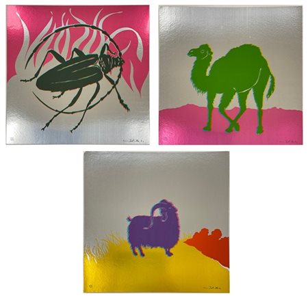 Gino Marotta "Muflone - Dromedario - Scarabeo" 1974
tre serigrafie su cartoncino