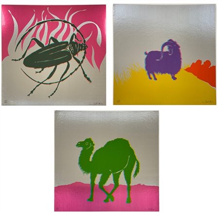 Gino Marotta "Muflone - Dromedario - Scarabeo" 1974
tre serigrafie su cartoncino