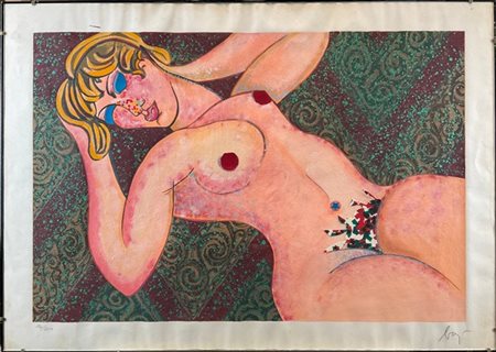 Enrico Baj "D'apres Modigliani" 1984
serigrafia a colori e collage su carta
cm 6