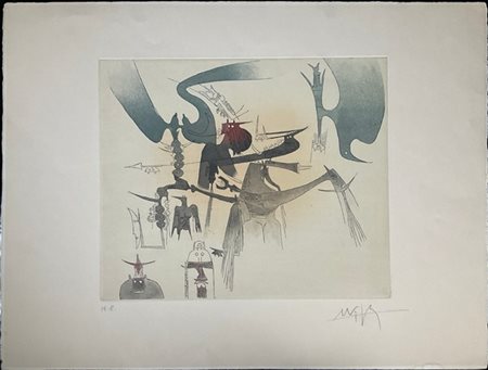 Wifredo Lam "Senza titolo" 
acquaforte e acquatinta a colori
(lastra cm 33,4x39,