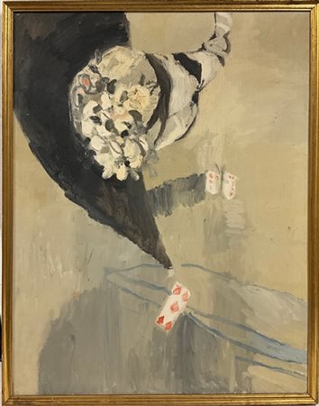 Alberto Gianquinto "Mazzo di fiori con farfalla e carta da gioco" 1963-64
olio s